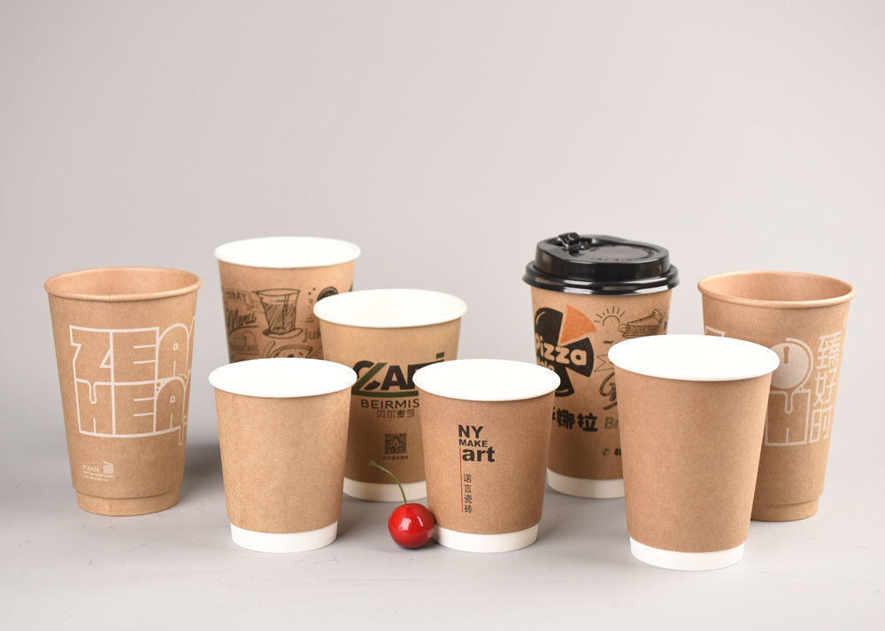 8oz 12oz 16oz Kraft Double Wall Paper Cups PE Coated With Plastic Lids
